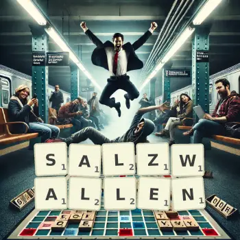 Kreative Illustration für ein Scrabble-Spiel, bei dem das Wort SALZWALLEN mit Steinen auf dem Brett gelegt wurde.