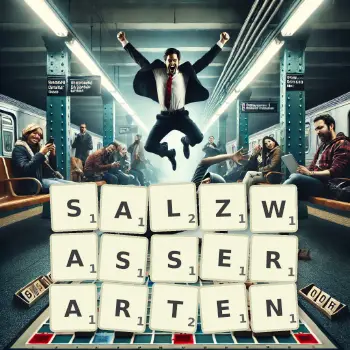 Kreative Illustration für ein Scrabble-Spiel, bei dem das Wort SALZWASSERARTEN mit Steinen auf dem Brett gelegt wurde.