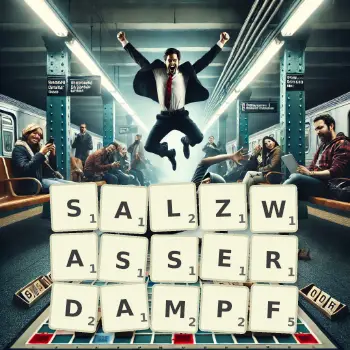 Kreative Illustration für ein Scrabble-Spiel, bei dem das Wort SALZWASSERDAMPF mit Steinen auf dem Brett gelegt wurde.