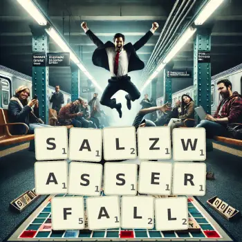 Kreative Illustration für ein Scrabble-Spiel, bei dem das Wort SALZWASSERFALL mit Steinen auf dem Brett gelegt wurde.