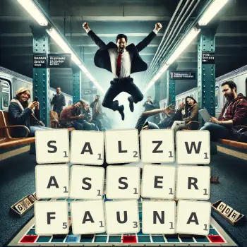 Kreative Illustration für ein Scrabble-Spiel, bei dem das Wort SALZWASSERFAUNA mit Steinen auf dem Brett gelegt wurde.