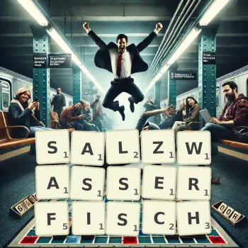 Kreative Illustration für ein Scrabble-Spiel, bei dem das Wort SALZWASSERFISCH mit Steinen auf dem Brett gelegt wurde.