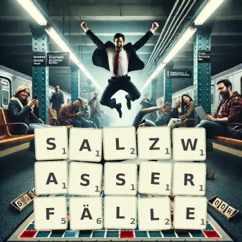 Kreative Illustration für ein Scrabble-Spiel, bei dem das Wort SALZWASSERFÄLLE mit Steinen auf dem Brett gelegt wurde.