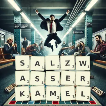 Kreative Illustration für ein Scrabble-Spiel, bei dem das Wort SALZWASSERKAMEL mit Steinen auf dem Brett gelegt wurde.