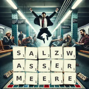 Kreative Illustration für ein Scrabble-Spiel, bei dem das Wort SALZWASSERMEERE mit Steinen auf dem Brett gelegt wurde.