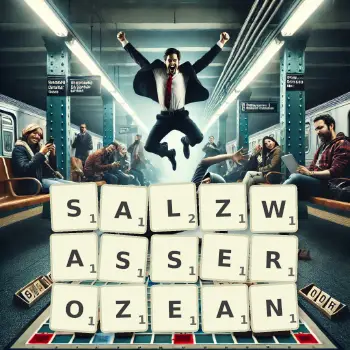 Kreative Illustration für ein Scrabble-Spiel, bei dem das Wort SALZWASSEROZEAN mit Steinen auf dem Brett gelegt wurde.