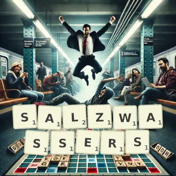 Kreative Illustration für ein Scrabble-Spiel, bei dem das Wort SALZWASSERS mit Steinen auf dem Brett gelegt wurde.