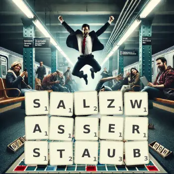 Kreative Illustration für ein Scrabble-Spiel, bei dem das Wort SALZWASSERSTAUB mit Steinen auf dem Brett gelegt wurde.