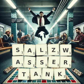Kreative Illustration für ein Scrabble-Spiel, bei dem das Wort SALZWASSERTANK mit Steinen auf dem Brett gelegt wurde.