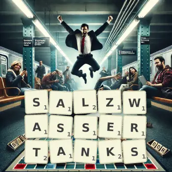 Kreative Illustration für ein Scrabble-Spiel, bei dem das Wort SALZWASSERTANKS mit Steinen auf dem Brett gelegt wurde.