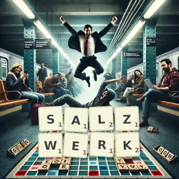 Kreative Illustration für ein Scrabble-Spiel, bei dem das Wort SALZWERK mit Steinen auf dem Brett gelegt wurde.