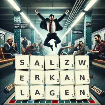 Kreative Illustration für ein Scrabble-Spiel, bei dem das Wort SALZWERKANLAGEN mit Steinen auf dem Brett gelegt wurde.