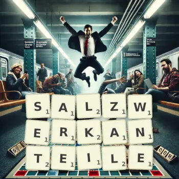 Kreative Illustration für ein Scrabble-Spiel, bei dem das Wort SALZWERKANTEILE mit Steinen auf dem Brett gelegt wurde.