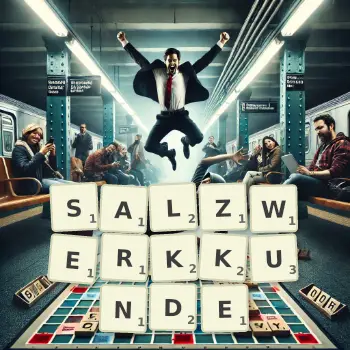 Kreative Illustration für ein Scrabble-Spiel, bei dem das Wort SALZWERKKUNDE mit Steinen auf dem Brett gelegt wurde.