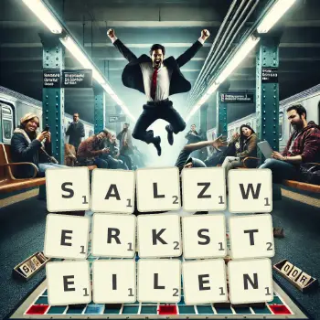 Kreative Illustration für ein Scrabble-Spiel, bei dem das Wort SALZWERKSTEILEN mit Steinen auf dem Brett gelegt wurde.