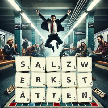 Kreative Illustration für ein Scrabble-Spiel, bei dem das Wort SALZWERKSTÄTTEN mit Steinen auf dem Brett gelegt wurde.