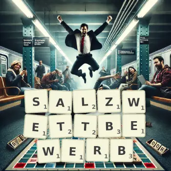 Kreative Illustration für ein Scrabble-Spiel, bei dem das Wort SALZWETTBEWERB mit Steinen auf dem Brett gelegt wurde.