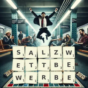 Kreative Illustration für ein Scrabble-Spiel, bei dem das Wort SALZWETTBEWERBE mit Steinen auf dem Brett gelegt wurde.