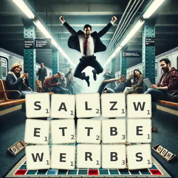 Kreative Illustration für ein Scrabble-Spiel, bei dem das Wort SALZWETTBEWERBS mit Steinen auf dem Brett gelegt wurde.