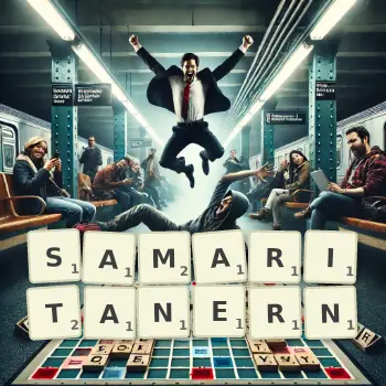 Kreative Illustration für ein Scrabble-Spiel, bei dem das Wort SAMARITANERN mit Steinen auf dem Brett gelegt wurde.