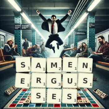 Kreative Illustration für ein Scrabble-Spiel, bei dem das Wort SAMENERGUSSES mit Steinen auf dem Brett gelegt wurde.