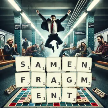 Kreative Illustration für ein Scrabble-Spiel, bei dem das Wort SAMENFRAGMENT mit Steinen auf dem Brett gelegt wurde.