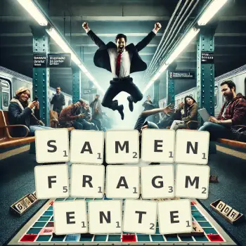 Kreative Illustration für ein Scrabble-Spiel, bei dem das Wort SAMENFRAGMENTE mit Steinen auf dem Brett gelegt wurde.