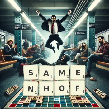 Kreative Illustration für ein Scrabble-Spiel, bei dem das Wort SAMENHOF mit Steinen auf dem Brett gelegt wurde.