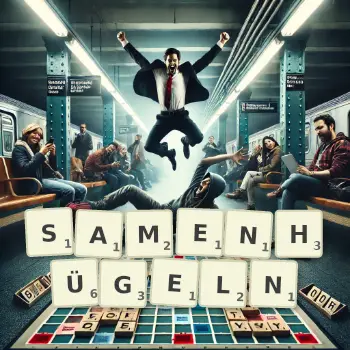 Kreative Illustration für ein Scrabble-Spiel, bei dem das Wort SAMENHÜGELN mit Steinen auf dem Brett gelegt wurde.