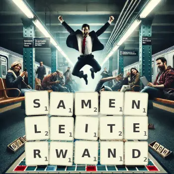 Kreative Illustration für ein Scrabble-Spiel, bei dem das Wort SAMENLEITERWAND mit Steinen auf dem Brett gelegt wurde.