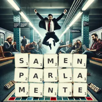 Kreative Illustration für ein Scrabble-Spiel, bei dem das Wort SAMENPARLAMENTE mit Steinen auf dem Brett gelegt wurde.