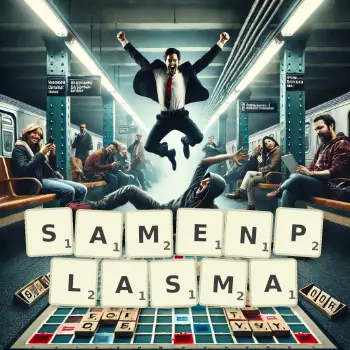 Kreative Illustration für ein Scrabble-Spiel, bei dem das Wort SAMENPLASMA mit Steinen auf dem Brett gelegt wurde.