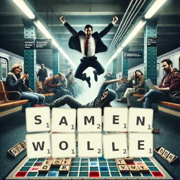 Kreative Illustration für ein Scrabble-Spiel, bei dem das Wort SAMENWOLLE mit Steinen auf dem Brett gelegt wurde.