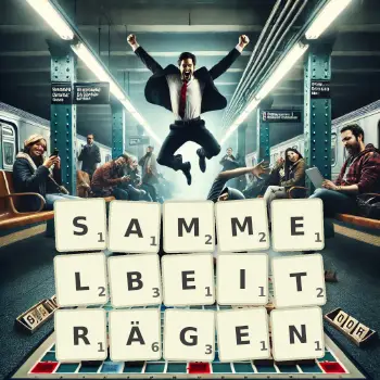 Kreative Illustration für ein Scrabble-Spiel, bei dem das Wort SAMMELBEITRÄGEN mit Steinen auf dem Brett gelegt wurde.