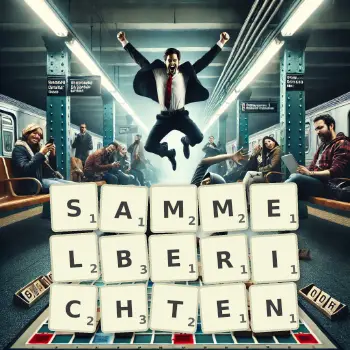 Kreative Illustration für ein Scrabble-Spiel, bei dem das Wort SAMMELBERICHTEN mit Steinen auf dem Brett gelegt wurde.
