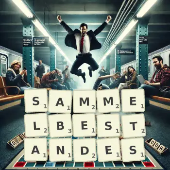 Kreative Illustration für ein Scrabble-Spiel, bei dem das Wort SAMMELBESTANDES mit Steinen auf dem Brett gelegt wurde.