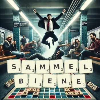 Kreative Illustration für ein Scrabble-Spiel, bei dem das Wort SAMMELBIENE mit Steinen auf dem Brett gelegt wurde.