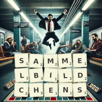 Kreative Illustration für ein Scrabble-Spiel, bei dem das Wort SAMMELBILDCHENS mit Steinen auf dem Brett gelegt wurde.