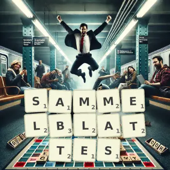 Kreative Illustration für ein Scrabble-Spiel, bei dem das Wort SAMMELBLATTES mit Steinen auf dem Brett gelegt wurde.