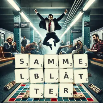 Kreative Illustration für ein Scrabble-Spiel, bei dem das Wort SAMMELBLÄTTER mit Steinen auf dem Brett gelegt wurde.