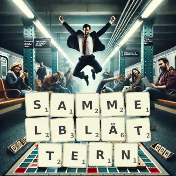 Kreative Illustration für ein Scrabble-Spiel, bei dem das Wort SAMMELBLÄTTERN mit Steinen auf dem Brett gelegt wurde.