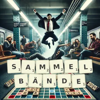 Kreative Illustration für ein Scrabble-Spiel, bei dem das Wort SAMMELBÄNDE mit Steinen auf dem Brett gelegt wurde.