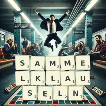 Kreative Illustration für ein Scrabble-Spiel, bei dem das Wort SAMMELKLAUSELN mit Steinen auf dem Brett gelegt wurde.