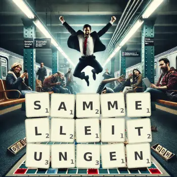Kreative Illustration für ein Scrabble-Spiel, bei dem das Wort SAMMELLEITUNGEN mit Steinen auf dem Brett gelegt wurde.