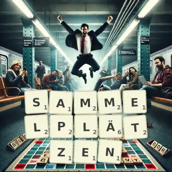 Kreative Illustration für ein Scrabble-Spiel, bei dem das Wort SAMMELPLÄTZEN mit Steinen auf dem Brett gelegt wurde.