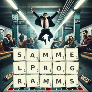 Kreative Illustration für ein Scrabble-Spiel, bei dem das Wort SAMMELPROGRAMMS mit Steinen auf dem Brett gelegt wurde.