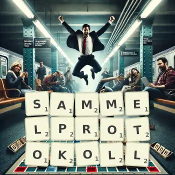 Kreative Illustration für ein Scrabble-Spiel, bei dem das Wort SAMMELPROTOKOLL mit Steinen auf dem Brett gelegt wurde.