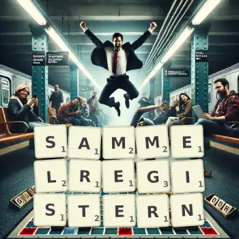Kreative Illustration für ein Scrabble-Spiel, bei dem das Wort SAMMELREGISTERN mit Steinen auf dem Brett gelegt wurde.