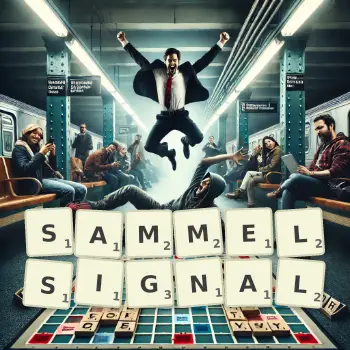 Kreative Illustration für ein Scrabble-Spiel, bei dem das Wort SAMMELSIGNAL mit Steinen auf dem Brett gelegt wurde.