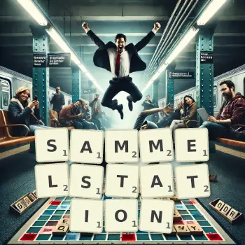 Kreative Illustration für ein Scrabble-Spiel, bei dem das Wort SAMMELSTATION mit Steinen auf dem Brett gelegt wurde.